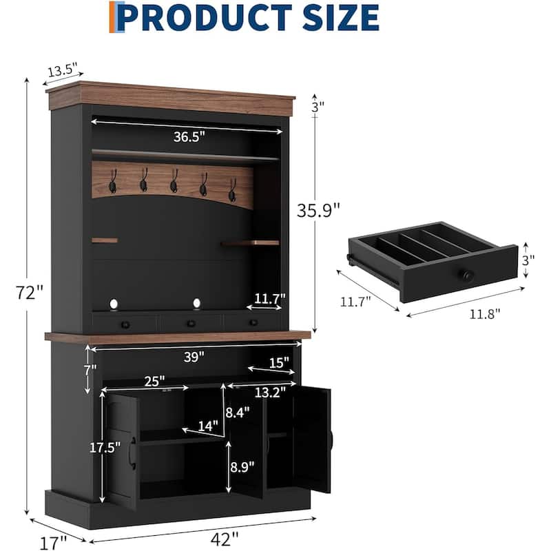 Coffee Bar Cabinet with LED Light, 72" Tall Farmhouse Coffee Bar Hutch with Storage