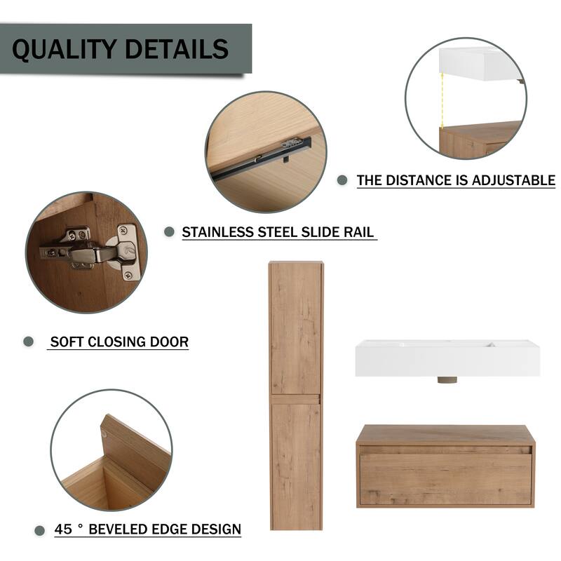 30" Wall-Mounted Bathroom Vanity with Resin Sink, Soft-Close Drawer & Adjustable Side Cabinets, Easy Assembly
