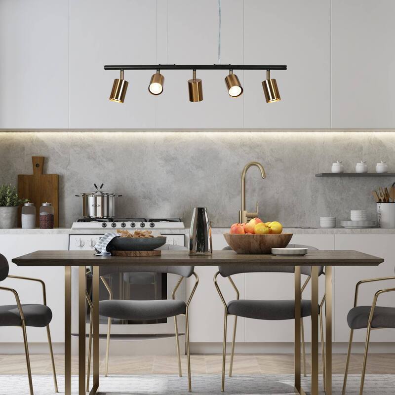 Modern 5-Light Black Gold Chandelier Metal Linear Island Lights for Dining Room