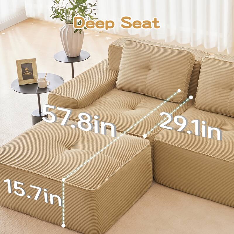 117" Modern L-Shaped Modular Sectional Sofa for Living Room, Corduroy Fabric,3-Seater Couch with Deep Seat and Movable Ottoman