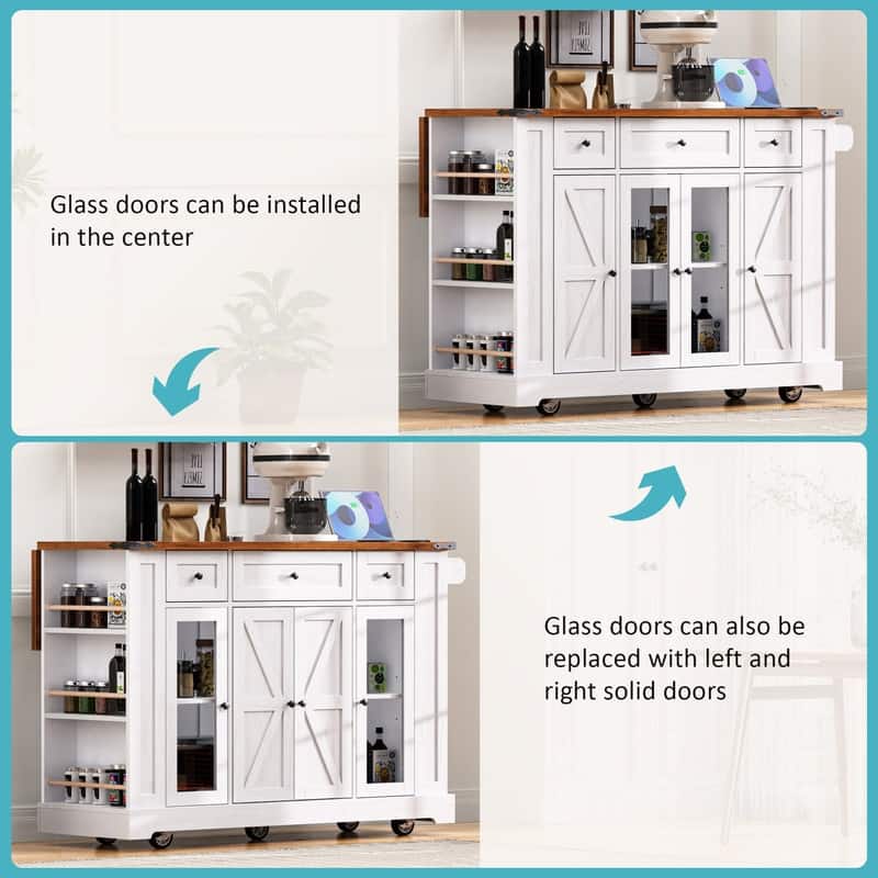 Farmhouse 53" Rolling Kitchen Cart on Wheels with Drop Leaf and Built-in Power Outlet