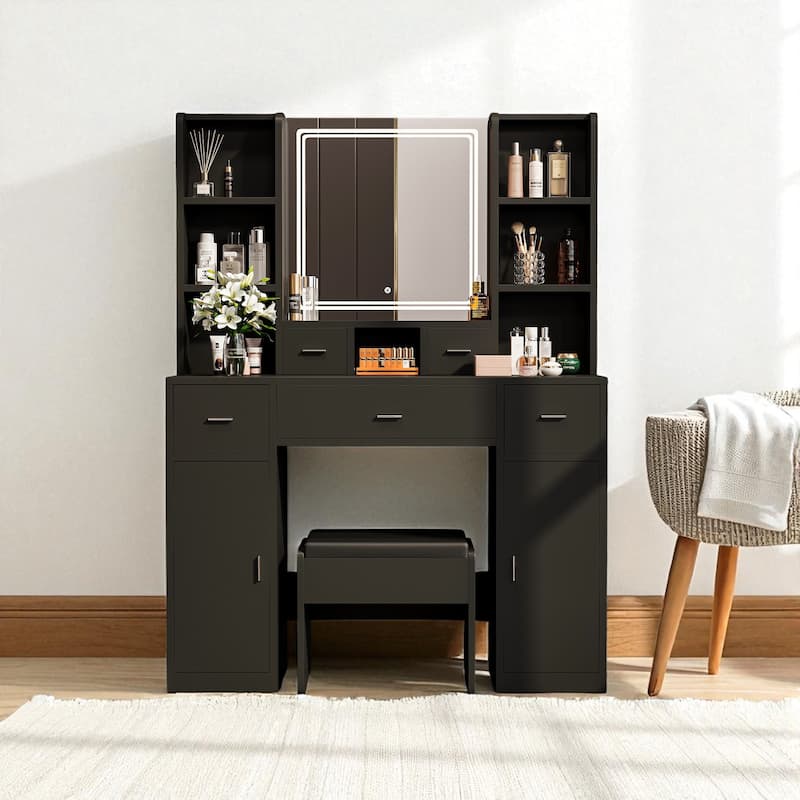 43" Vanity Desk with LED Mirror & Lights, Hair Dryer Rack, 5 Drawers, 2 Cabinets & Stool, Makeup Dressing Table for Bedroom - Black