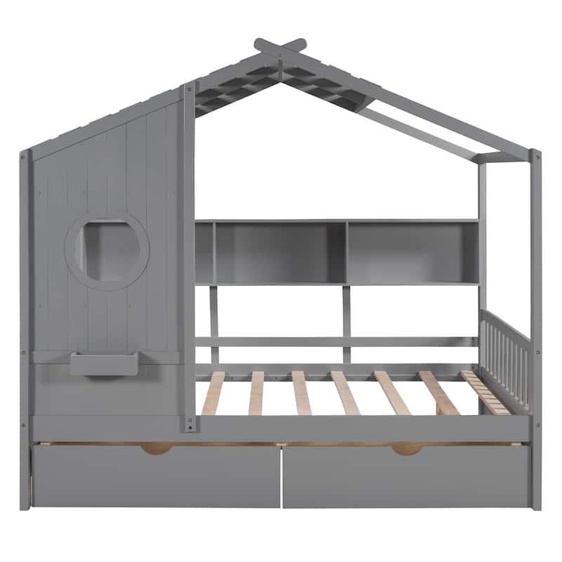 House Bed with 2 Drawers and Storage Shelf