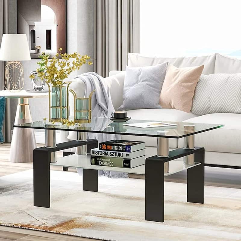 Rectangle Coffee Table Glass Tabletop with Lower Shelf - Transparent and Black