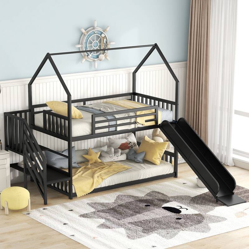 Twin Metal Bunk Bed with Slide, Staircase, and Storage, Black