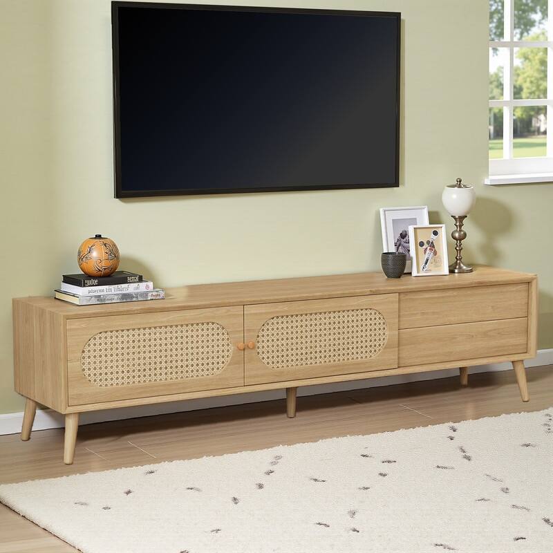Boho TV Stand for TVs Up to 80", Media Console Entertainment Center with Solid Wood Legs