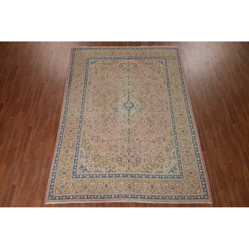 Vegetable Dye Distressed Mashad Persian Rug Antique Handmade Wool Carpet - 7'10" x 10'9"