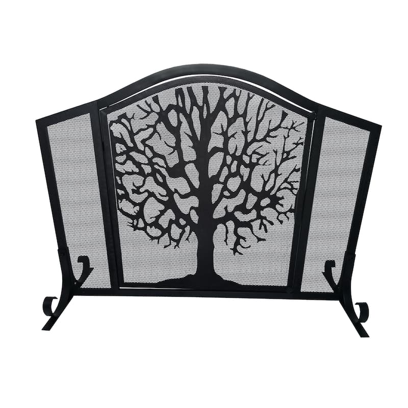 43 Inches 3 Panel Iron Fireplace Screen, Mesh Design, Arched Top, Tree of Life Art, Black
