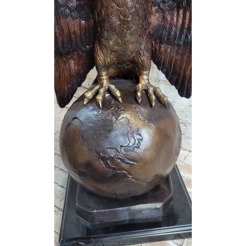 American Bald Eagle Perched On Globe Planet Earth Bronze Statue Sculpture Art