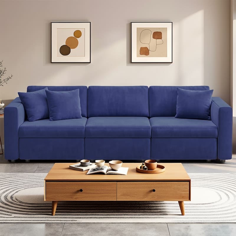 Pocassy Cloud Sectional Couch Upholstered Velvet Couches - 3-Seat without Ottoman - Blue