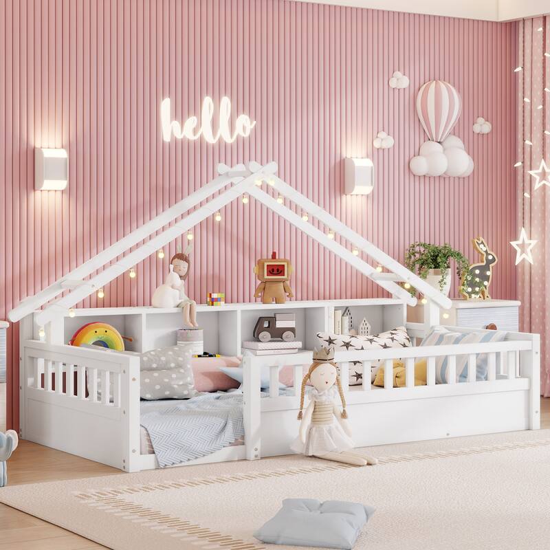 Twin/Full Floor Bed with Storage Bookshelves & Roof Shape for Kids