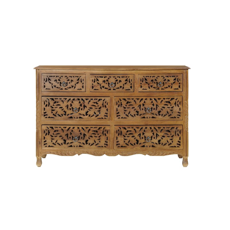 HomeRoots 57" Brown Carved Floral Solid Wood Seven Drawer Dresser