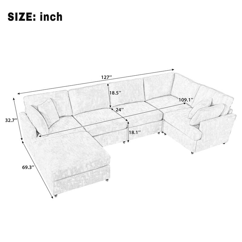 127 Inch U-Shaped Sectional Sofa with Movable Ottoman, 6-Piece Chenille Fabric Modular Couch with Pine Wood Frame