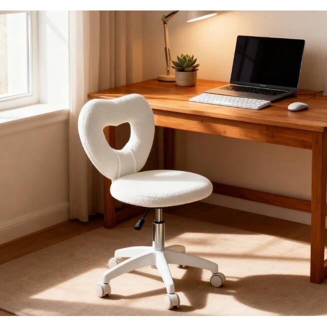 Heart Shape Office Chair Swivel Wheels Adjustable Height Plush Fabric - White