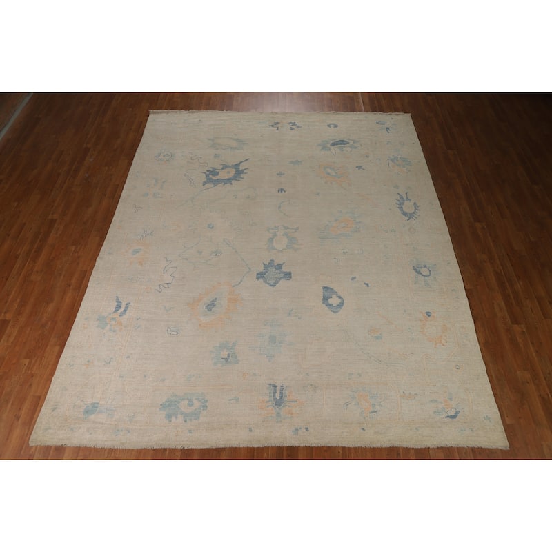 Beige Oushak Turkish Rug Hand-Knotted Transitional Wool Carpet - 9'2"x 11'3"