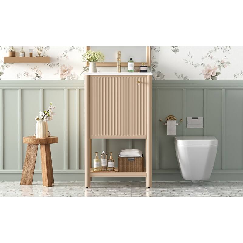 Anmytek 20 Inch Freestanding French Style Bathroom Vanity with Ceramic Sink Single Vanity Set Soft Closing Door