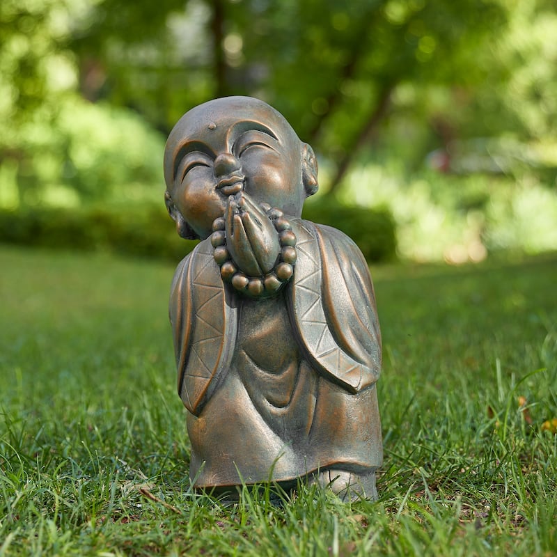 Glitzhome MGO Faux Bronze Buddha Garden Statue Monk Sculpture Indoor Outdoor Decor Gifts - Little Buddha Monk