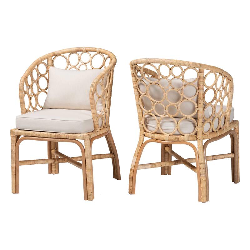 Prisca Natural Rattan Dining Chair with Bubble Frame - Handwoven Wicker Accent Chair with Round Back and Removable Cushions - Light Honey