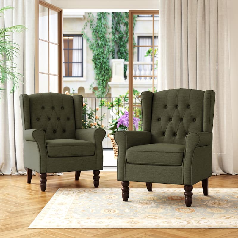 Tufted Wingback Upholstered Accent Chairs Set of 2 - Chenille Green