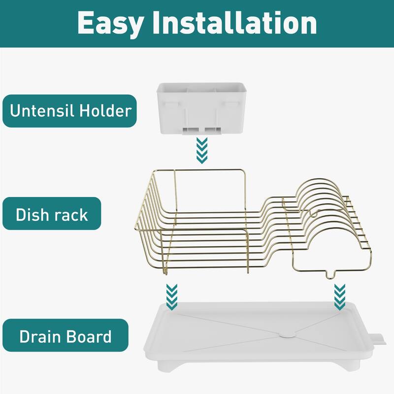Dish Drying Rack for Kitchen Countertop, Gold Stainless Steel Dish Drainer with Drain Board, Utensil Holder & Anti-Slip Feet