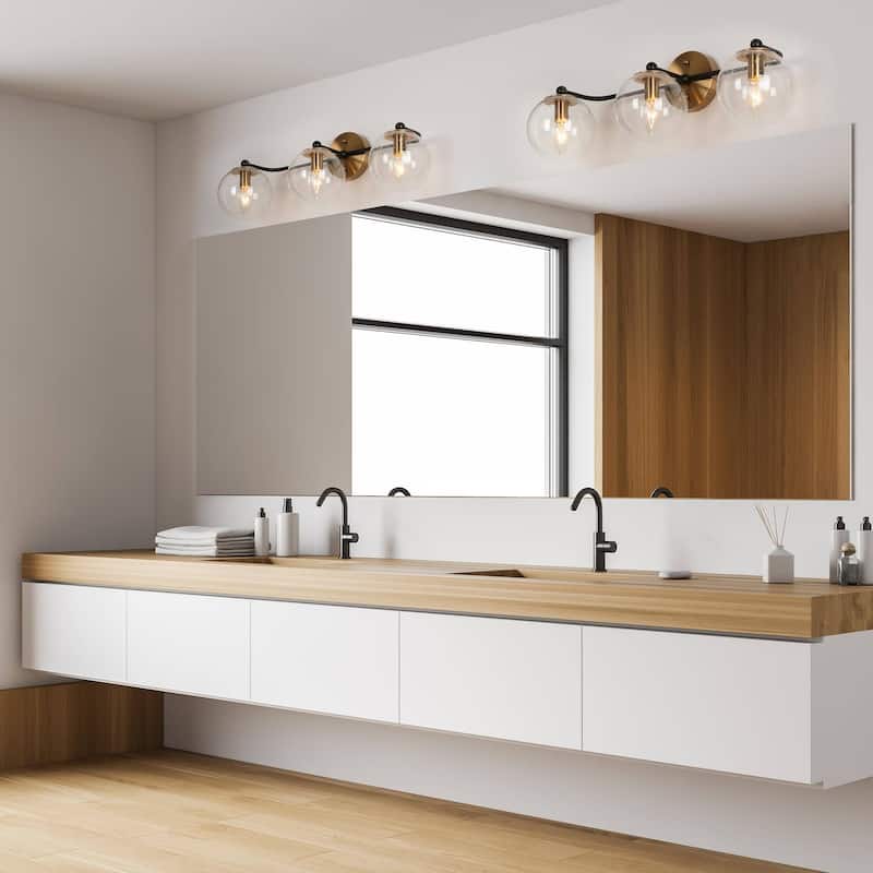 Modern 2-Light Black Gold Bathroom Vanity Lights Over Mirror Dual Globe Seeded Glass Wall Sconces Fixture for Bathroom