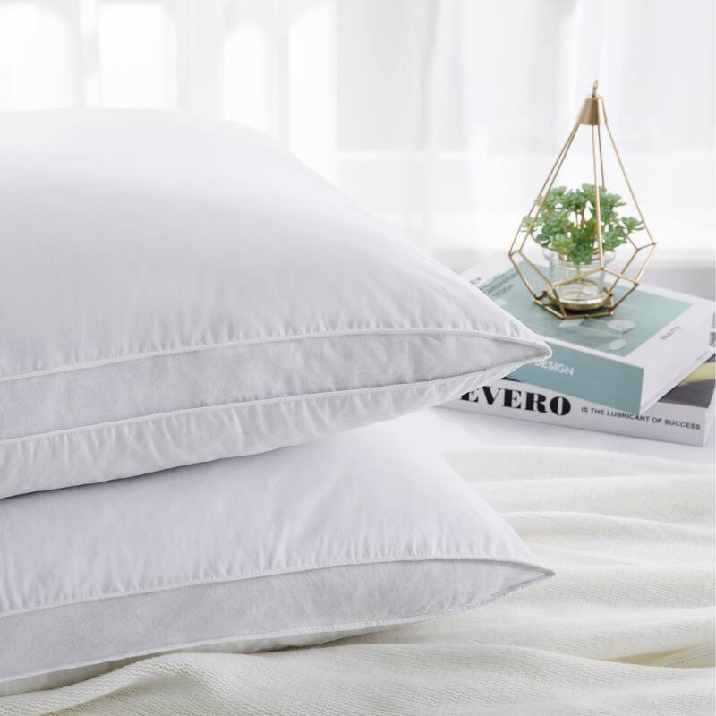 2 Pack Gusseted & Classic Goose Feather Bed Pillows with Soft Cover - White