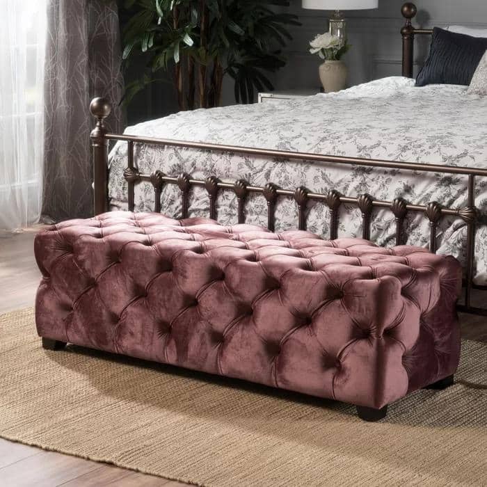 Button-Tufted Ottoman Bench Velvet Bench Upholstered Footrest with Wood Legs and Padded Seat for Living Room, End of Bed