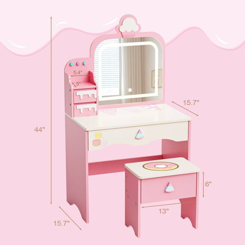 Kids Makeup Desk Vanity Table Set With Cloud-Like Lights And Drawer For Little Girls Ages 3-8 - N/A