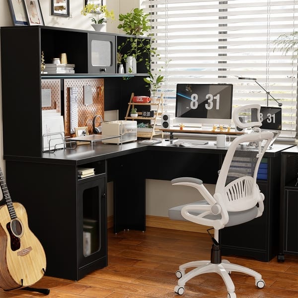slide 2 of 49, L Shaped Desk with File Cabinet and Hutch, Home Office Corner Computer Desk with Drawers and Charge Station Black