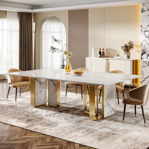 79" Modern Rectangular Sintered Stone Dining Table with Gold Pedestal ...