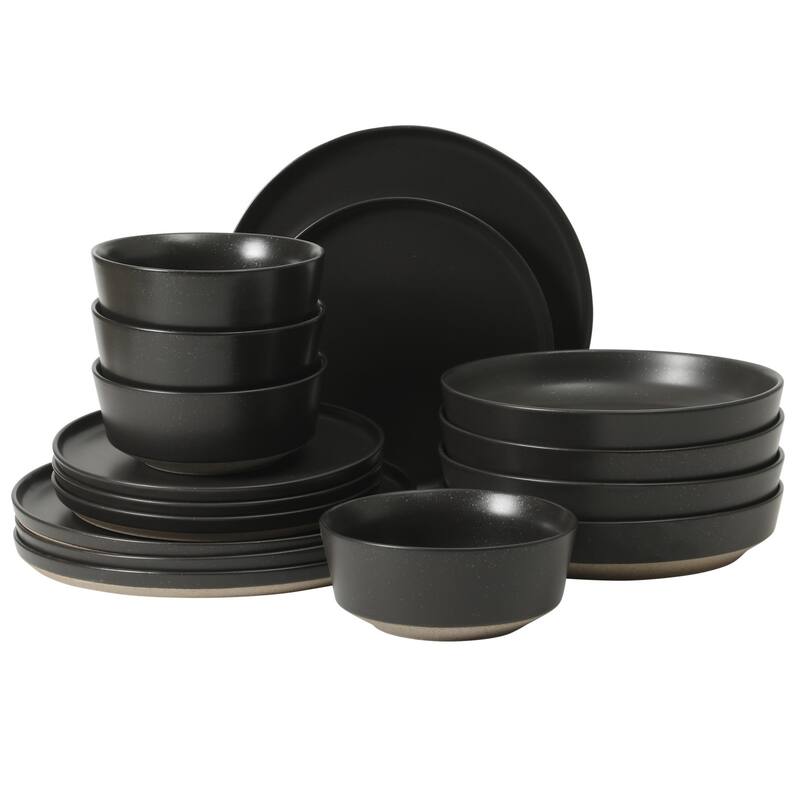 Gibson Elite Overbrook 16-Piece Pottery Clay Stoneware Stackable Dinnerware Set - Plates & Bowls, Reactive Glaze, Service for 4 - Black