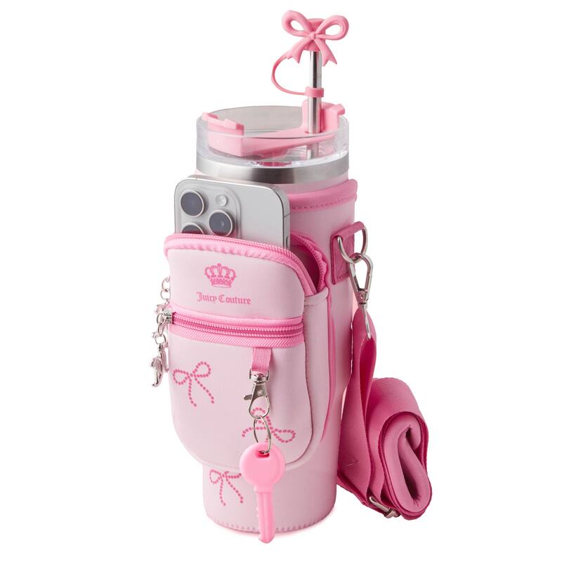 Juicy Couture Jetsetter Hydration Stainless Steel Tumbler with Handle, Straw & Topper with Neoprene Crossbody Pouch