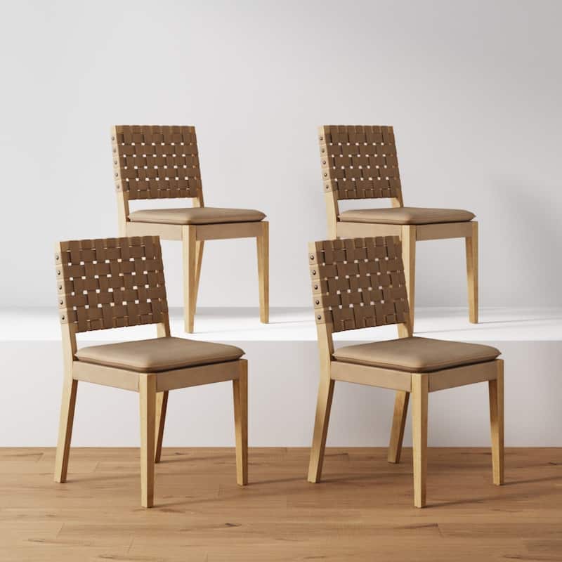 Cohen 19 in. Wood Dining Chair, Mid-Century Modern Upholstered Side Chair with Hand Woven Faux Leather Backrest - Set of 4 - Natural Brown