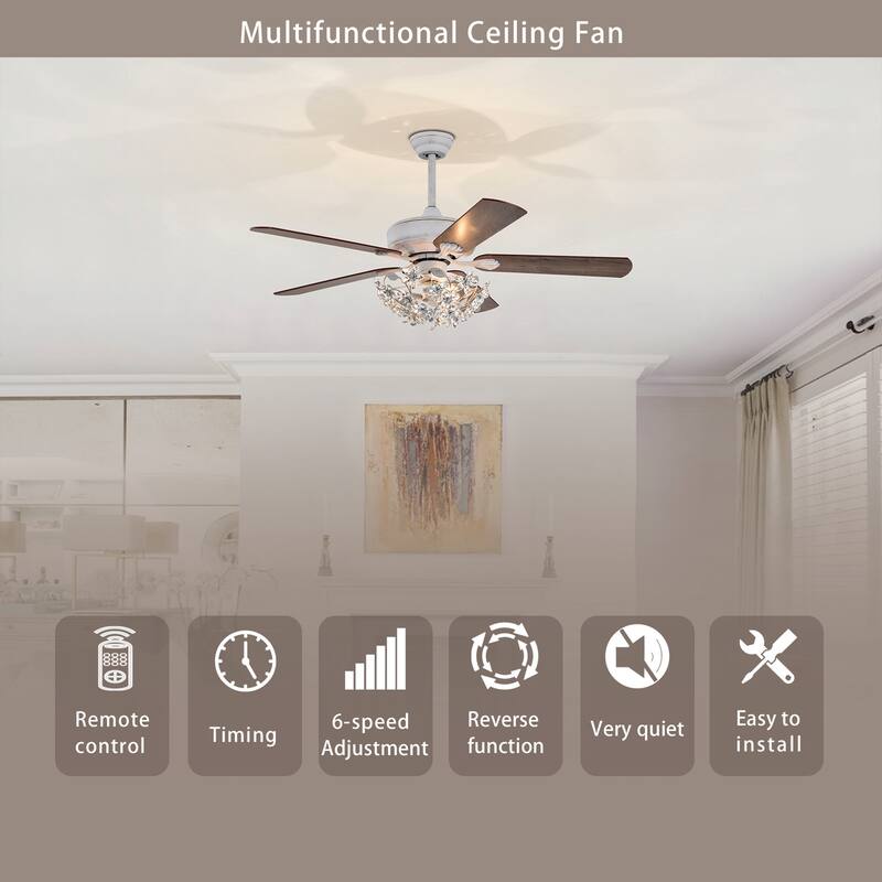 Praer Washed White 5-blade Lighted Ceiling Fan with Crystal Daisy Bouquet Shade