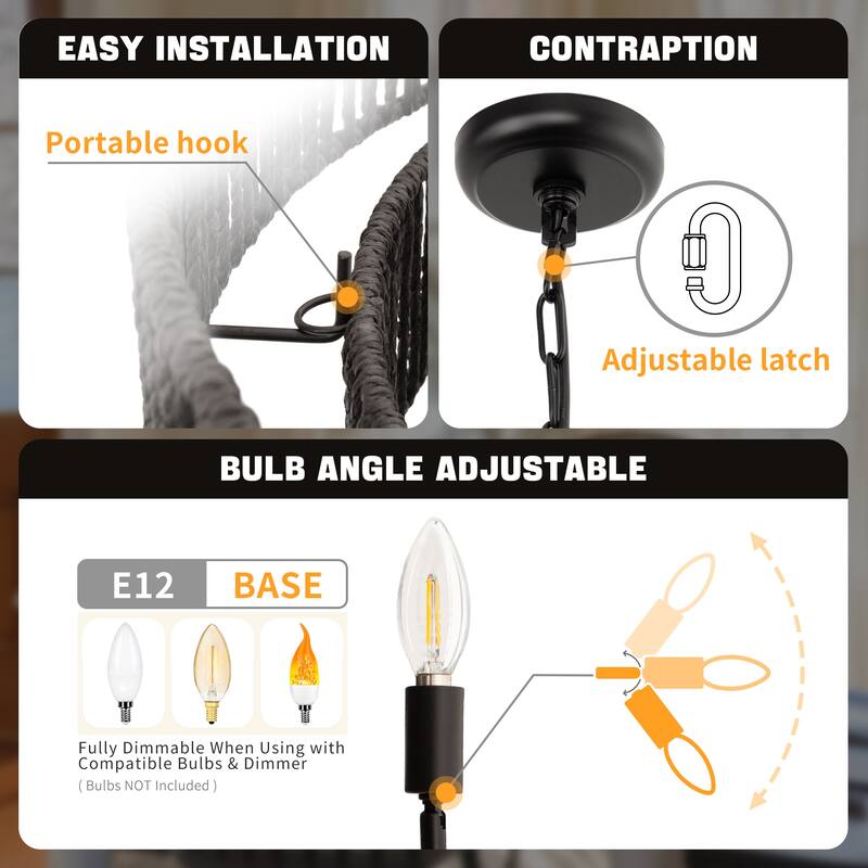 YANSUN Boho Chic 4-Tiered Chandelier 6-Light Pendants with 6 Black Metal Arms & Rattan Shades,19.69"Diameter,E12 Base