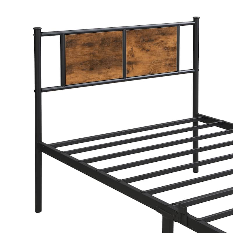 Twin XL Size Metal Platform Bed with Wood Panel Headboard, Under-Bed Storage and No Box Spring Needed