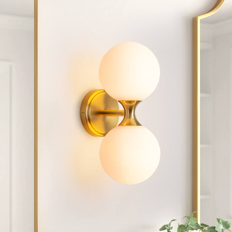 2-Light 13.7 in. Modern Brass Frosted Glass Globe Bathroom Vanity Light Up & Down Wall Sconce