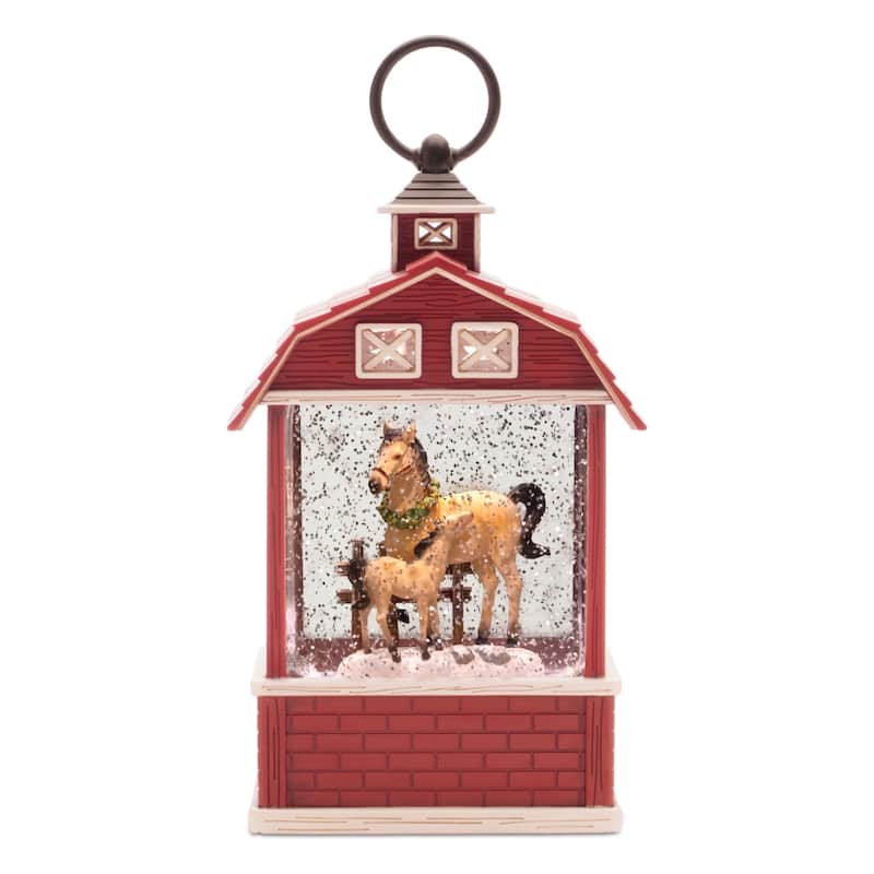 LED Lighted Horse Barn Christmas Snow Globe - 10.75" - Red