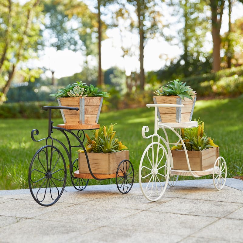 Glitzhome 24"L Spring Metal Tricycle Planter Stands Flower Pot Cart with Wood Trays
