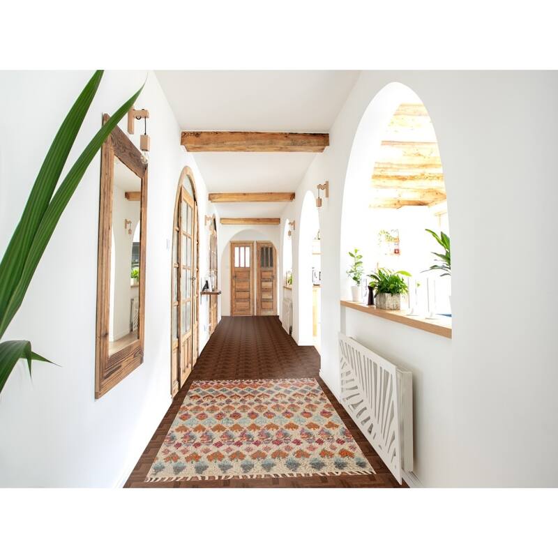 Hand Knotted Oriental 100% Wool Carpet Modern All-Over Beige & Ivories Moroccan Runner Rug - 6' 6'' X 3' 3''