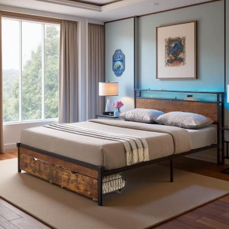 Queen Metal Bed Frame with LED Headboard, USB Charging Ports, Storage Drawers & Wood Accents, Sturdy Platform Design