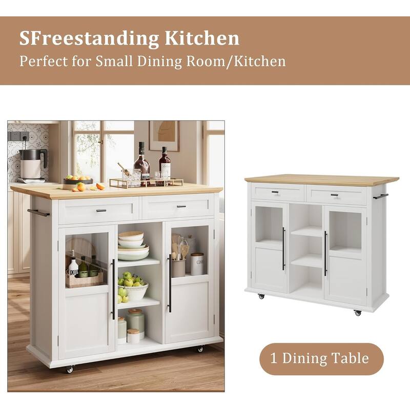 Kitchen Island, Rolling Kitchen Island Cart On Wheels With Widen Drop Leaf Top, 2 Glass Doors, Spice Rack & Towel Holder