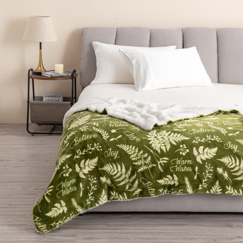 Linery & Co. Velvet Plush Fleece Reversible Sherpa Holiday Printed Throw.