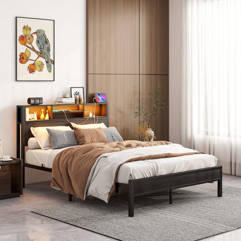 Bed Frame with Storage Headboard, Metal Platform Bed with Charging Station,Bookcase Storage