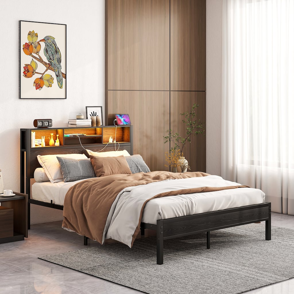 Full Size Bed Frame Metal Platform Bed with Storage Headboard, Charging Station, No Box Spring Needed