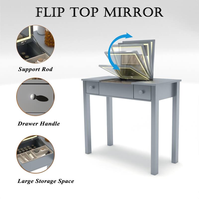 Sleek Vanity Table with LED Lights, Flip-Top Mirror and 2 Drawers, Jewelry Storage for Women Dressing