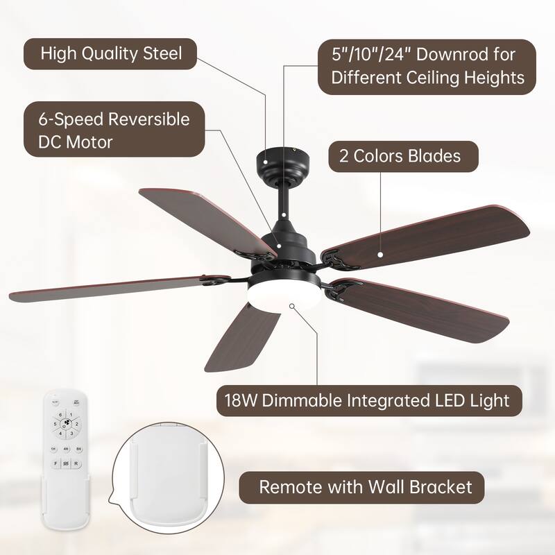 48" and 52" Integrated LED Ceiling Fan with Light and Remote, Reversible DC Motor