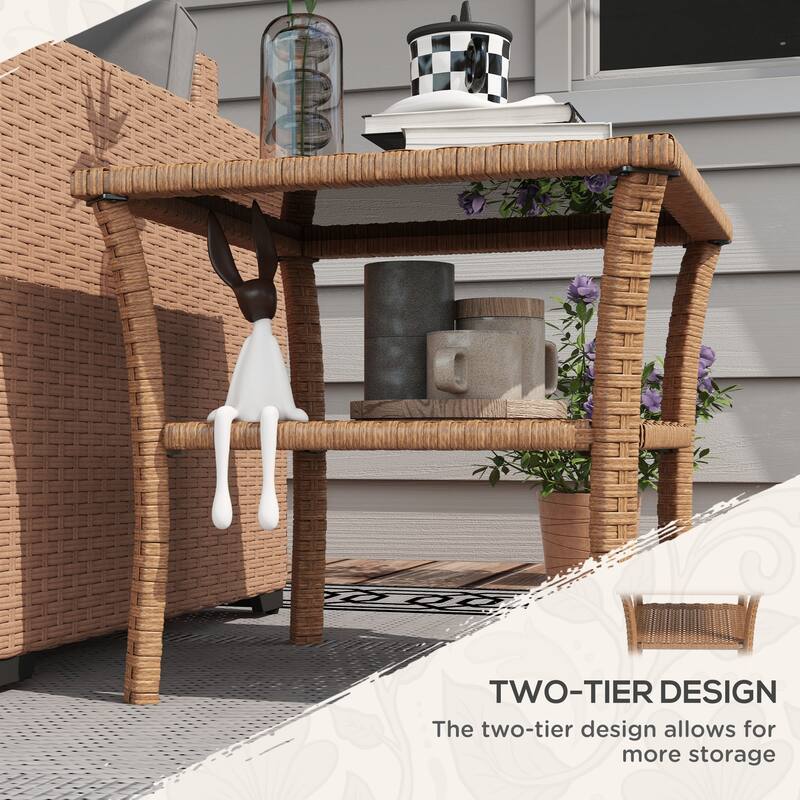 Rattan Side Table,Outdoor End Table with Storage Shelf,Coffee Table with Tempered Glass Top
