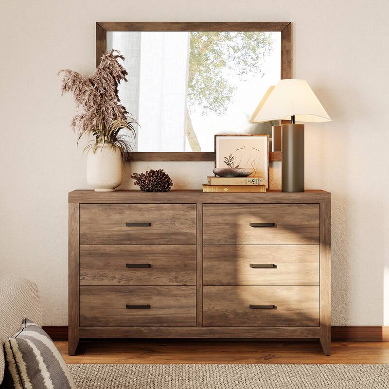 WAMPAT 6-Drawer Farmhouse Dresser - Wood TV Stand, Storage Chest for Bedroom & Hallway - 6-drawer - Brown