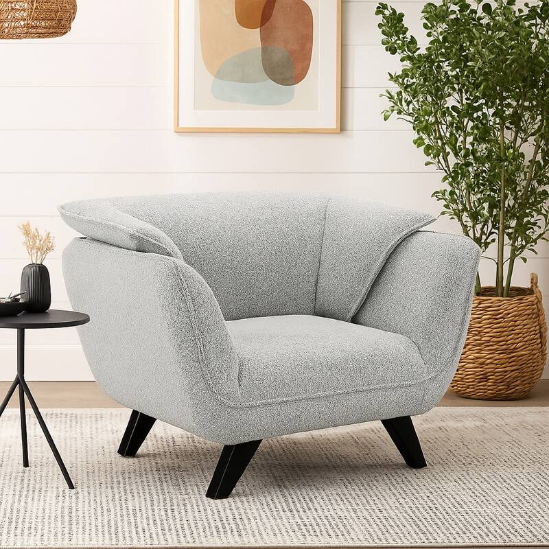 Naeli Accent Armchair, Rounded Back Light Gray Boucle, Solid Pine Wood